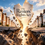 Renters' Rights Act dividing landlords, illustrated by a deep裂 in a residential street between rows of houses.