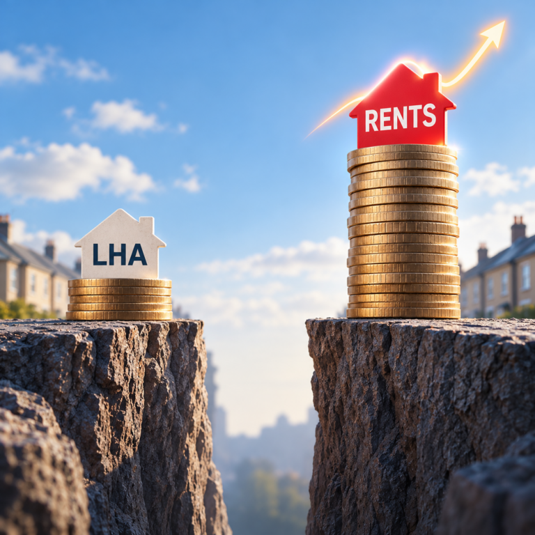 Small LHA coin stack separated by a widening gap from rising rents, illustrating the UK housing benefit shortfall.