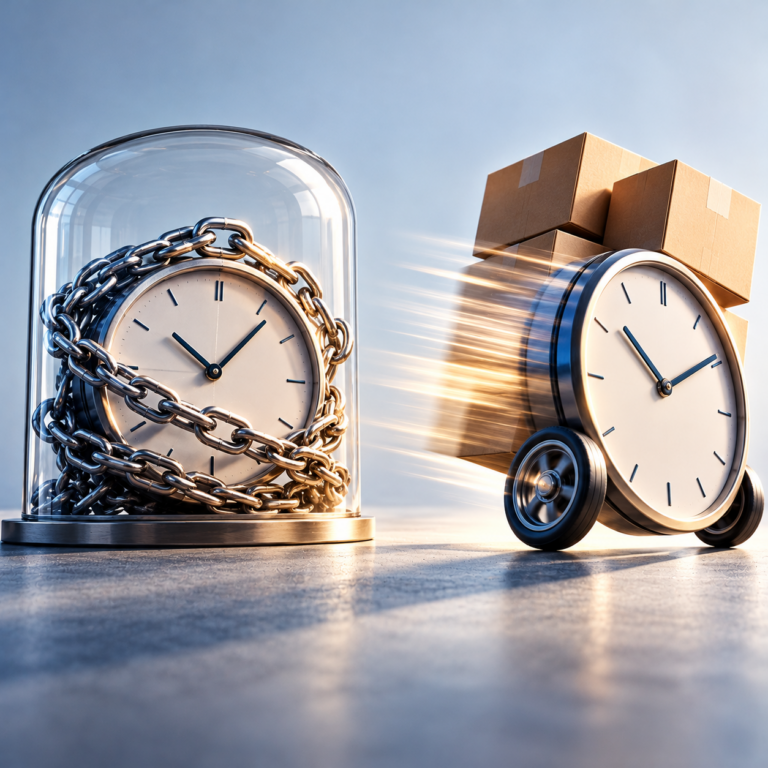 Chained clock beside a moving clock and boxes, symbolising landlords' choice between holding on and selling rental property.