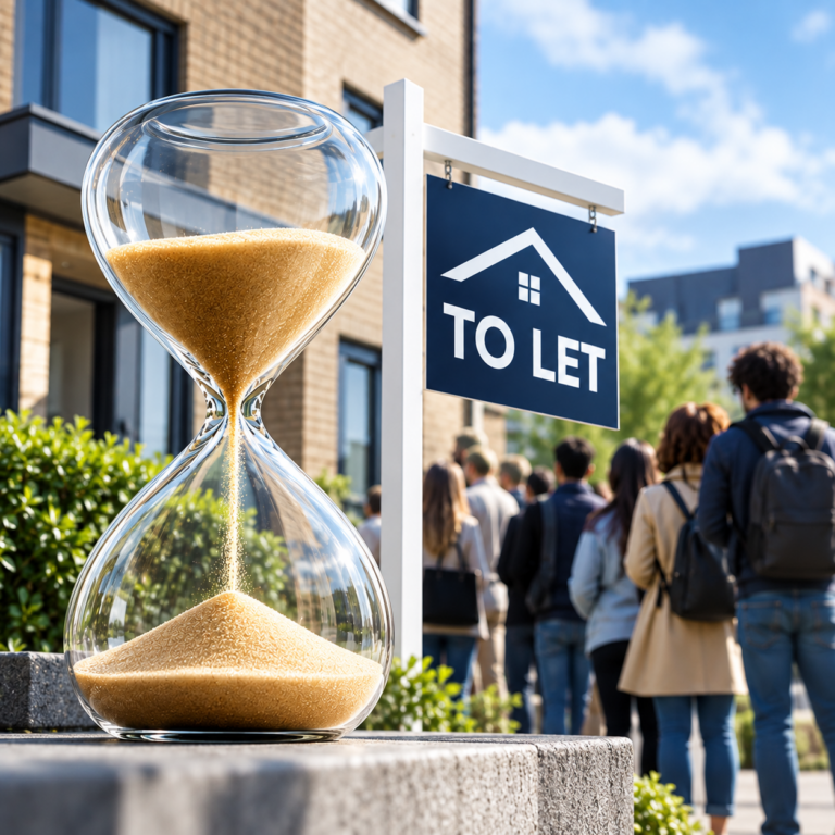 Hourglass beside a To Let sign symbolising longer rental void periods despite strong tenant demand.