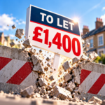 To Let sign displaying £1,400 rent breaking through a barrier, highlighting record UK rental prices.