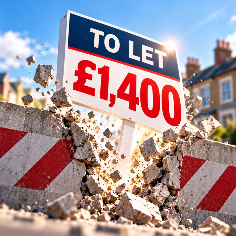 To Let sign displaying £1,400 rent breaking through a barrier, highlighting record UK rental prices.