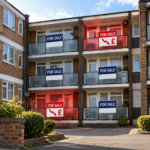 British flats with for sale signs, highlighting falling property values and losses for flat sellers.