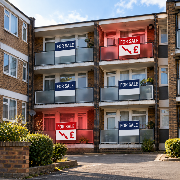 British flats with for sale signs, highlighting falling property values and losses for flat sellers.