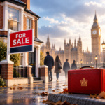 House for sale in London with Big Ben and a red Budget briefcase, highlighting falling UK property buyer demand.