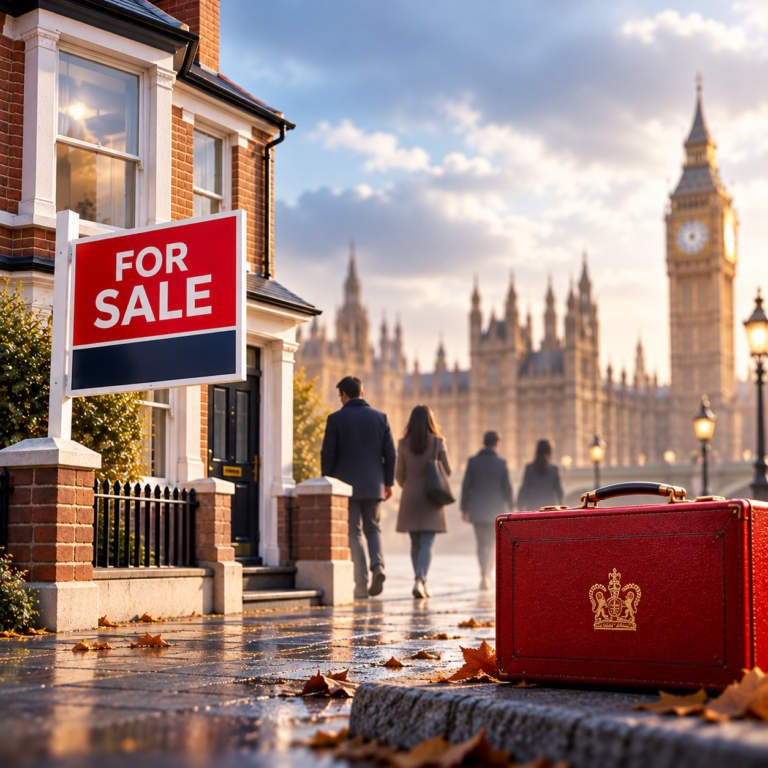 House for sale in London with Big Ben and a red Budget briefcase, highlighting falling UK property buyer demand.