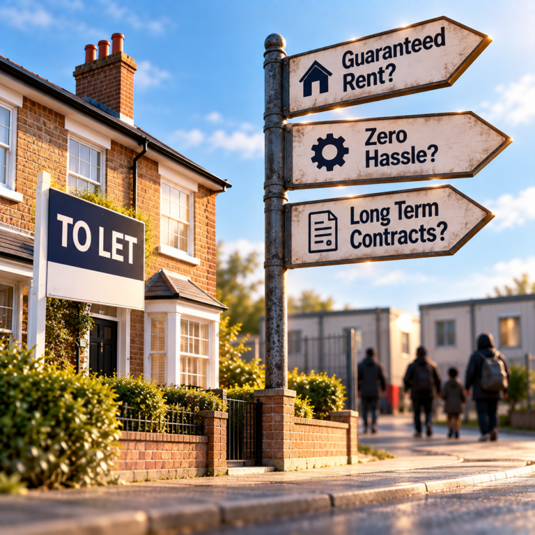 To Let property beside signs promoting guaranteed rent, zero hassle and long-term contracts