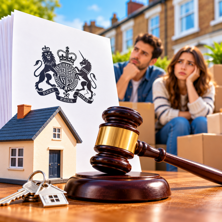 Worried tenants outside rental homes with a judge’s gavel, house keys and UK government documents symbolising renters’ rights reforms.