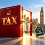 Red tax book opening onto rental homes with a golden investment key, symbolising calls for UK landlord tax reform.