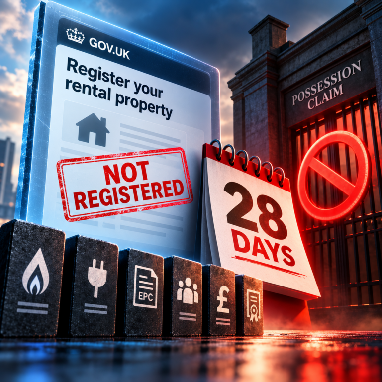 PRS Database registration warning showing a 28-day deadline, inactive property entry and restrictions on possession claims.