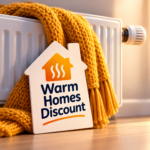 Warm Homes Discount sign beside a radiator and yellow blanket highlighting £150 energy bill support for eligible tenants.