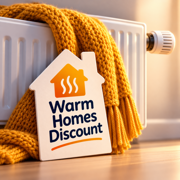 Warm Homes Discount sign beside a radiator and yellow blanket highlighting £150 energy bill support for eligible tenants.