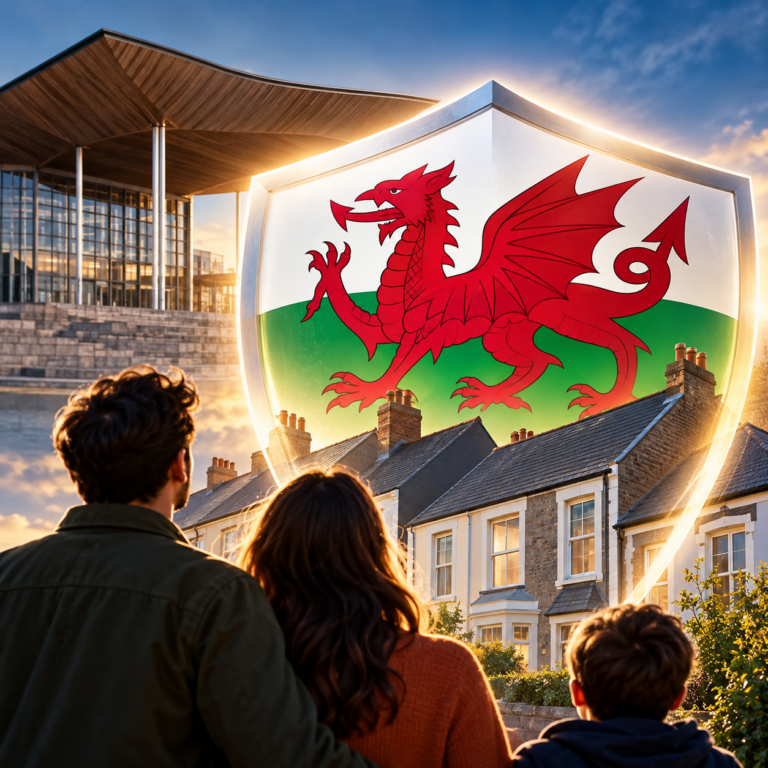 Welsh dragon shield above rental homes and a family, representing new Welsh government protections for tenants.