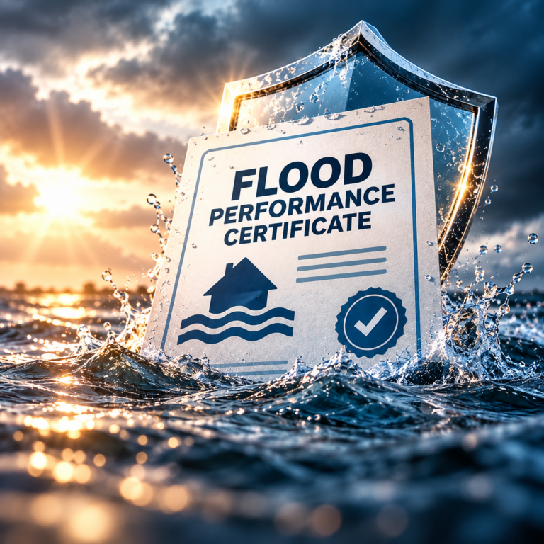 Flood Performance Certificate protected by a shield amid rising floodwaters, highlighting property flood resilience.